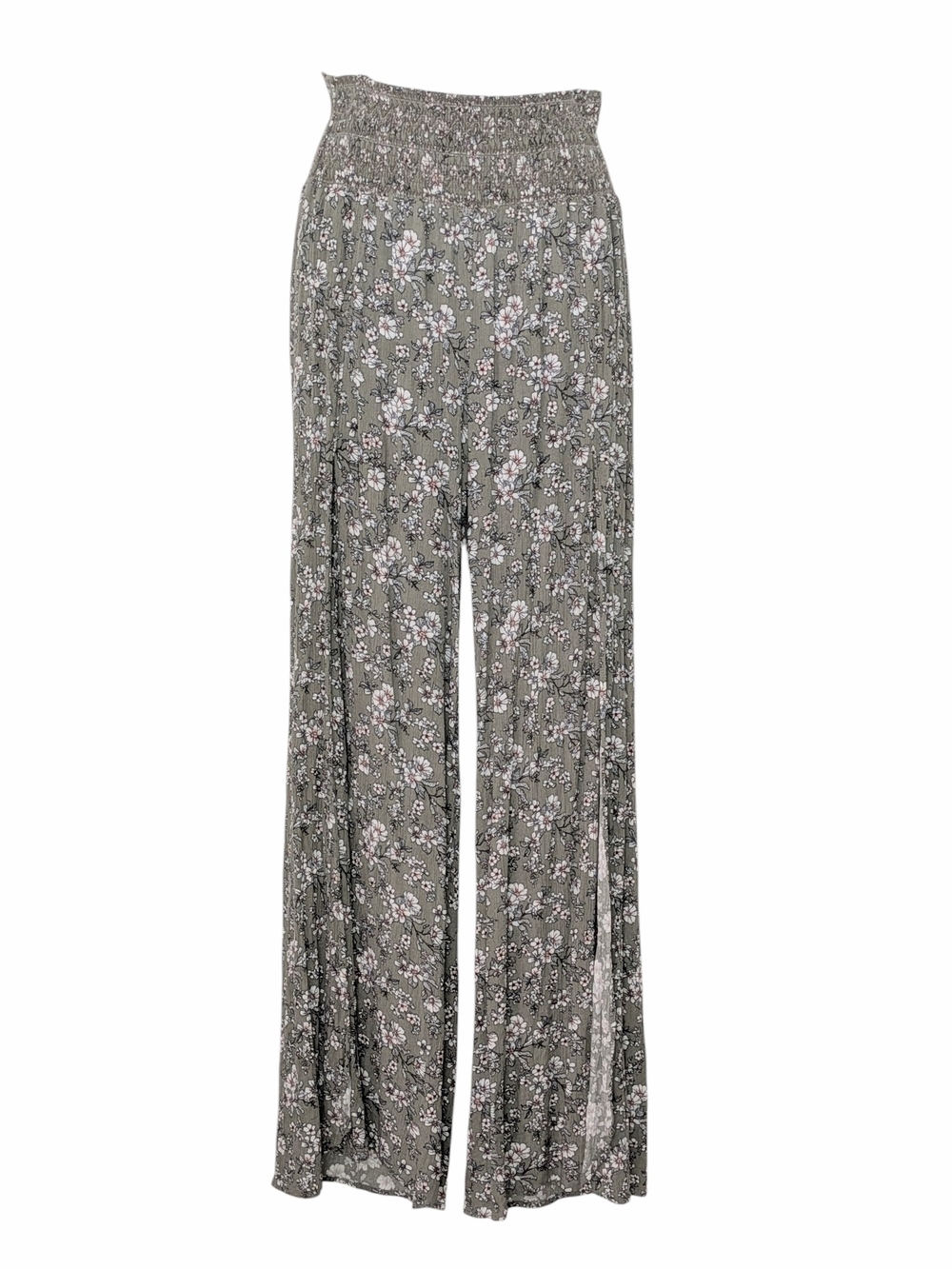 Rewash Sage Green Floral Wide-Leg Pants With Sexy Side Slits